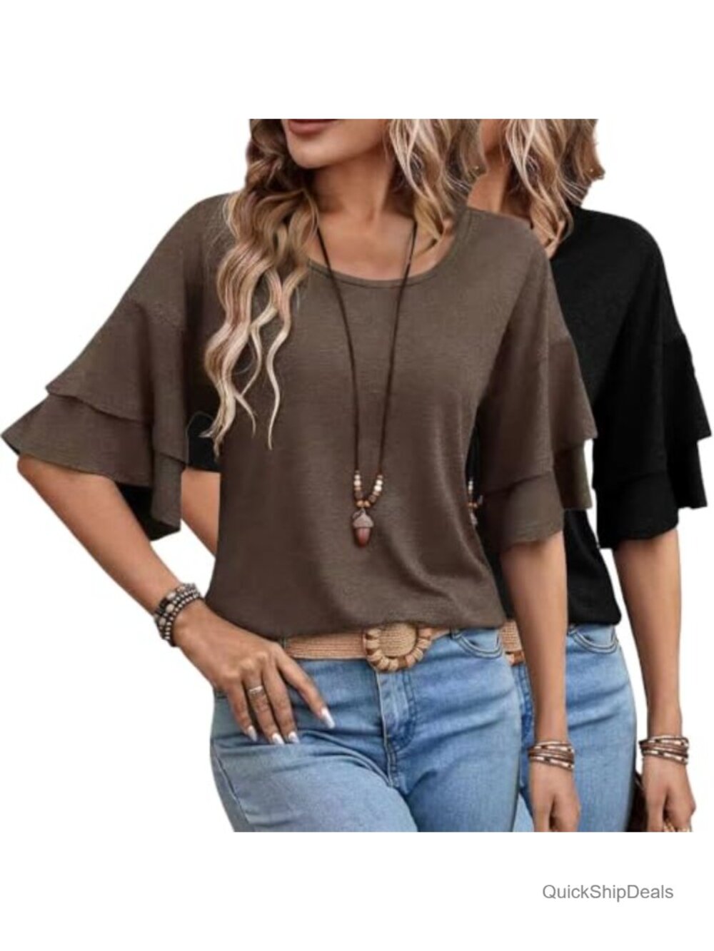 Women's Double Ruffle Half Bell Sleeve Blouse Crewneck Loose Casual Top